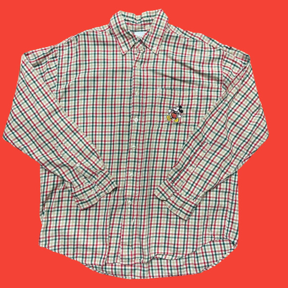 Disney Mickey Mouse Vintage Flannel Plaid Red Green Tan Button Down Shirt Large - Picture 1 of 8
